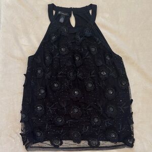 INC International Concepts Black Floral Embroidered Mesh Halter Tank